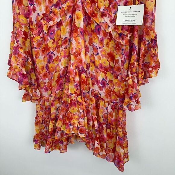 MISA Los Angeles Yasemin Bright Pink Orange Yellow Floral Chiffon Bell Sleeve Mi - Picture 6 of 16